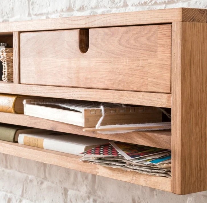 NordicStory Mesa escritorio de madera maciza de roble &quot;Einstein 2&quot; con estanteria flotante 140 x 55 x 106 cm.